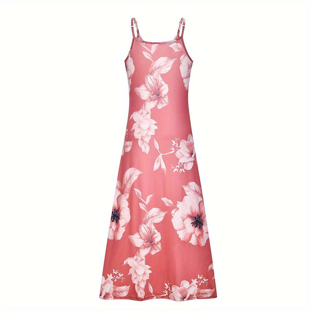 Long Sleeveless Spaghetti Strap Floral Print Slingback Dress - Sexy Beach Style, Regular Fit, Micro Elasticity, Machine Washable, Polyester Fabric - Perfect for Adult Women