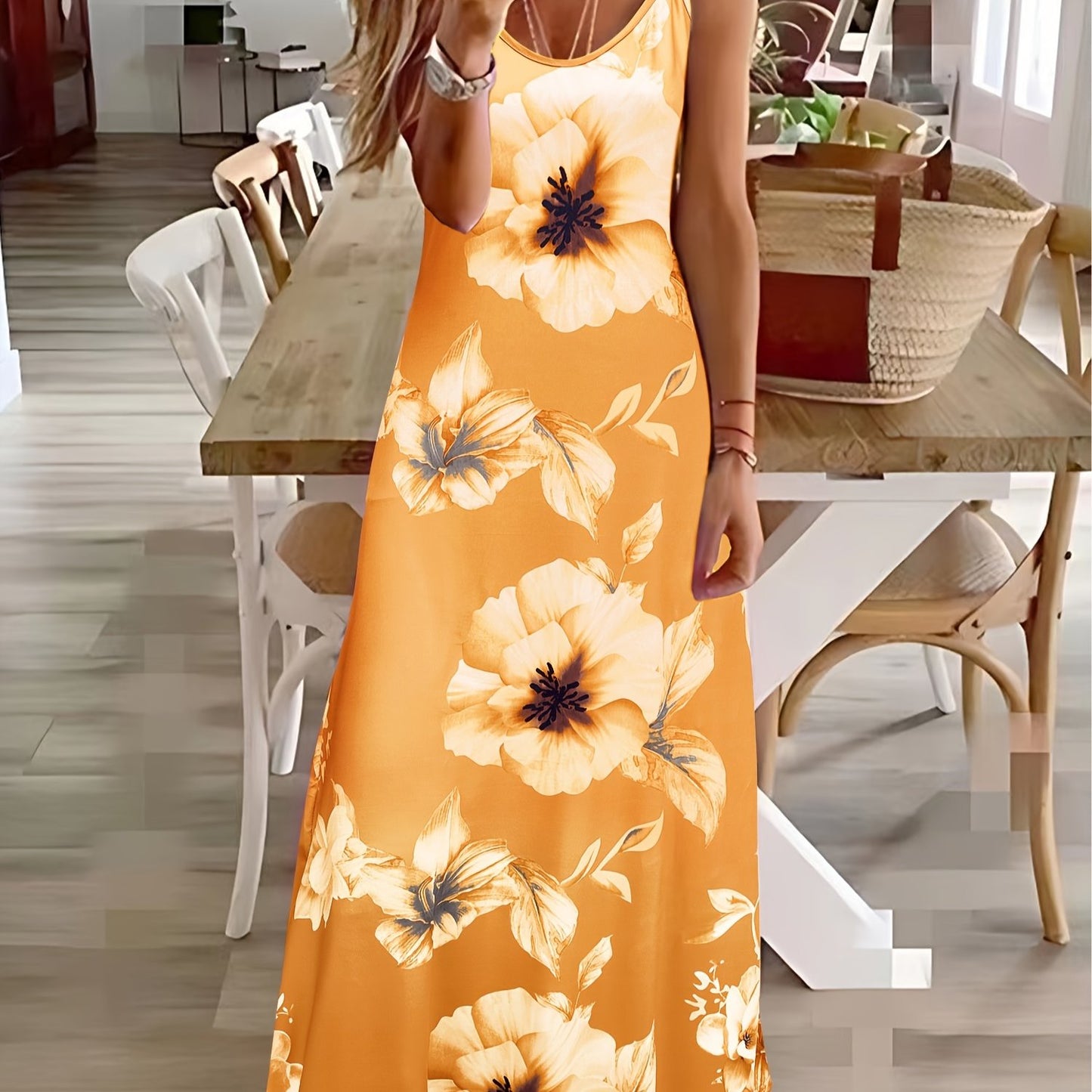 Long Sleeveless Spaghetti Strap Floral Print Slingback Dress - Sexy Beach Style, Regular Fit, Micro Elasticity, Machine Washable, Polyester Fabric - Perfect for Adult Women