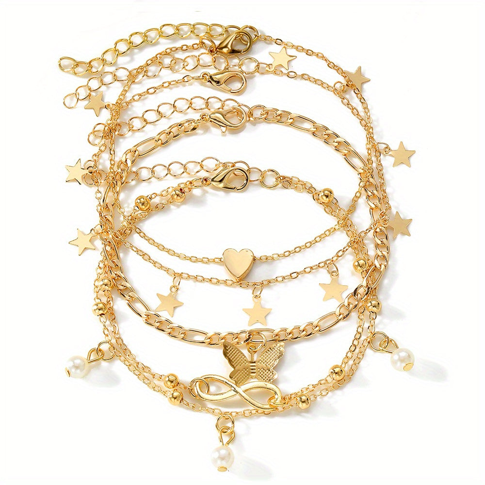 Butterfly Pearl Five-pointed Star Infinity Symbol Love Foot Chain 4pcs Set