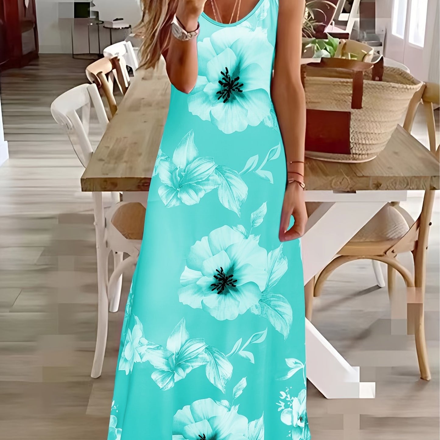 Long Sleeveless Spaghetti Strap Floral Print Slingback Dress - Sexy Beach Style, Regular Fit, Micro Elasticity, Machine Washable, Polyester Fabric - Perfect for Adult Women