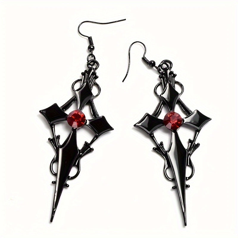 1 Pair Of Gothic Style Dangle Earrings Black Cross Design Inlaid Scarlet Gemstone Match Daily Outfits Party Accessories