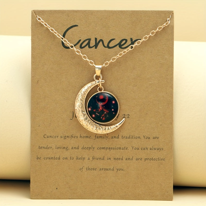 1pc Retro Glow-in-the-Dark Zodiac Moon Pendant Necklace - Vintage Style, Zinc Alloy with Glass Accents, Adjustable Chain for Women - Ideal for Daily Wear & Gifting, Zodiac Jewelry, Gift Jewelry, Vintage Jewelry, Durable Jewel