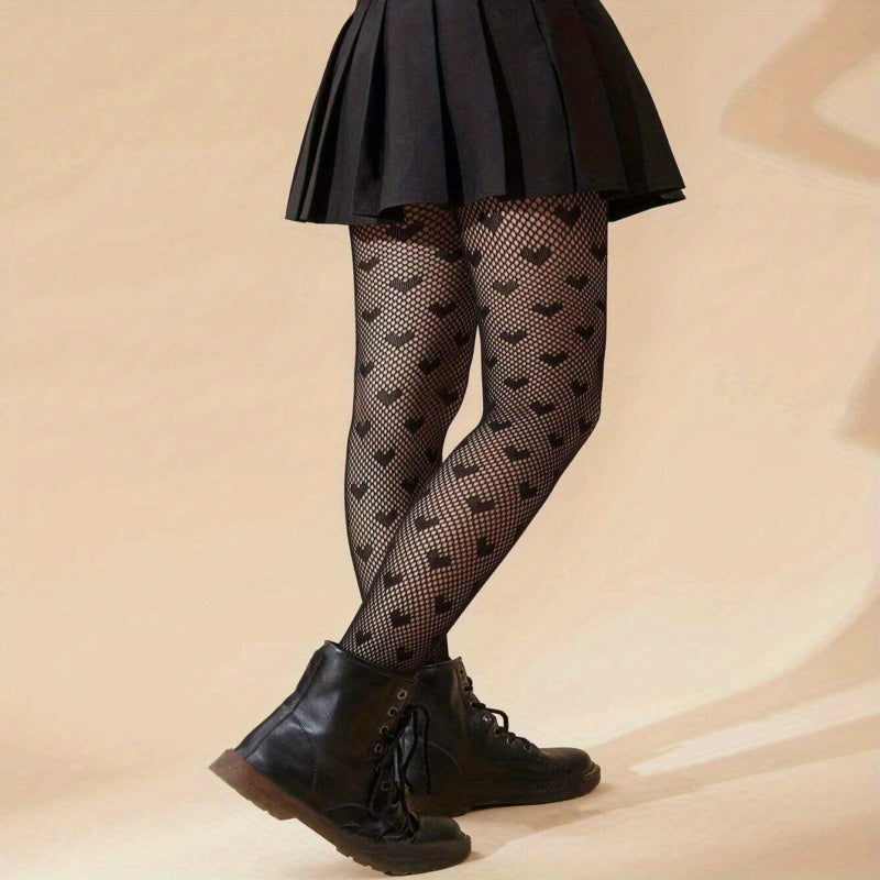 Sexy Heart Print Fishnet Tights, Hollow Out High Waist Mesh Pantyhose, Women's Stockings & Hosiery
