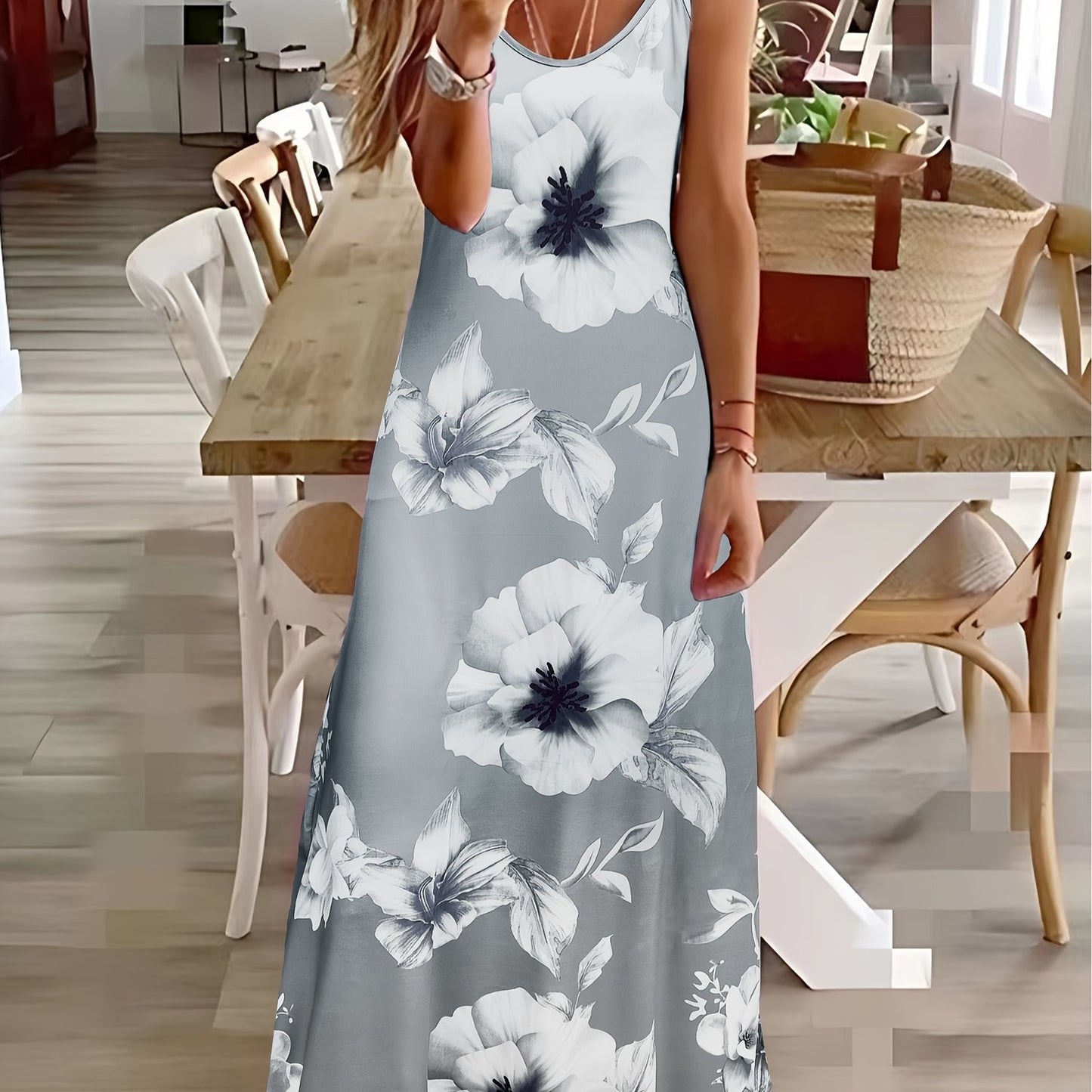 Long Sleeveless Spaghetti Strap Floral Print Slingback Dress - Sexy Beach Style, Regular Fit, Micro Elasticity, Machine Washable, Polyester Fabric - Perfect for Adult Women