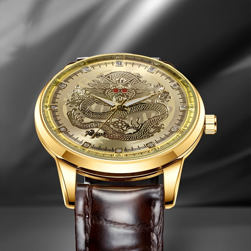 WOKAI Men's Luxury Dragon Quartz Watch - Golden-Tone Zinc Alloy Case, Brown Faux Leather Strap, Black Dial with Dragon Motif, Gemstone Accents, 1181.1inch Water Resistant, Battery Operated