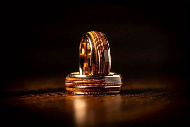 1pc Men's Fashion Guitar String & Whiskey Barrel Shaped Mens Wedding Rose Golden Band, Engagement Anniversary Gift, Titanium Steel Promise Ring For Husband Gift
