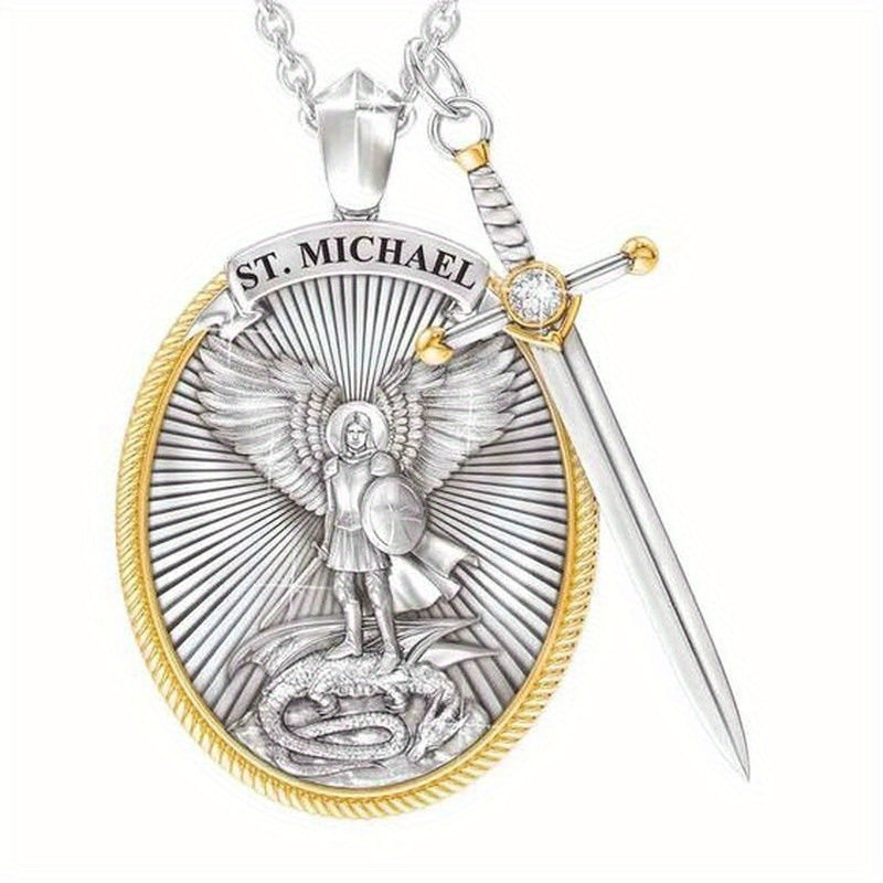1pc Mens Fashionable Vintage-Inspired Oval Shield Knight Sword Necklace Pendant - Durable Alloy Material - Unique Gift for Him
