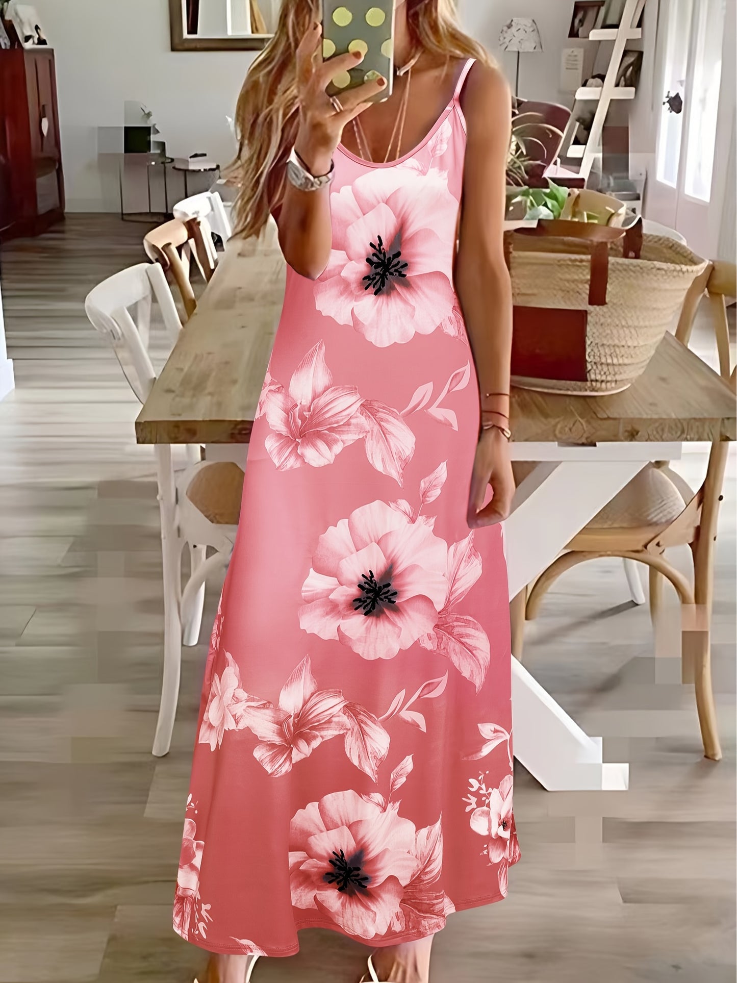 Long Sleeveless Spaghetti Strap Floral Print Slingback Dress - Sexy Beach Style, Regular Fit, Micro Elasticity, Machine Washable, Polyester Fabric - Perfect for Adult Women