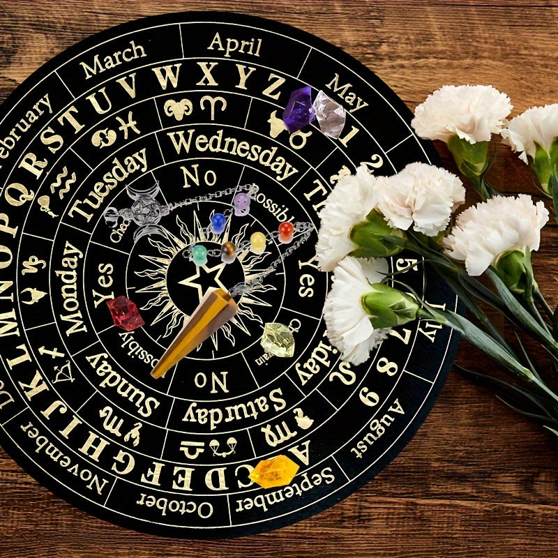 1pc Wooden Round Crafts Star Pendulum Board Divination Supernatural Information Board Wooden Divination Board With Crystal Pendant Pendulum Stone Used For Witchcraft Altar Supplies