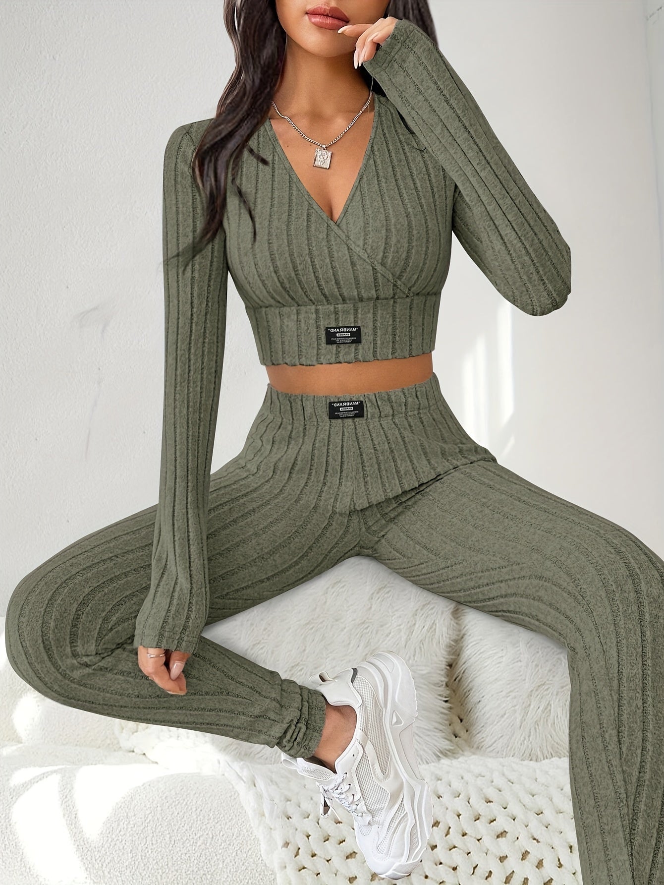 Flattering Ribbed Two-piece Outfit Set - V-Neck Long Sleeve Crop Top & Pants - Casual Chic Style for Women