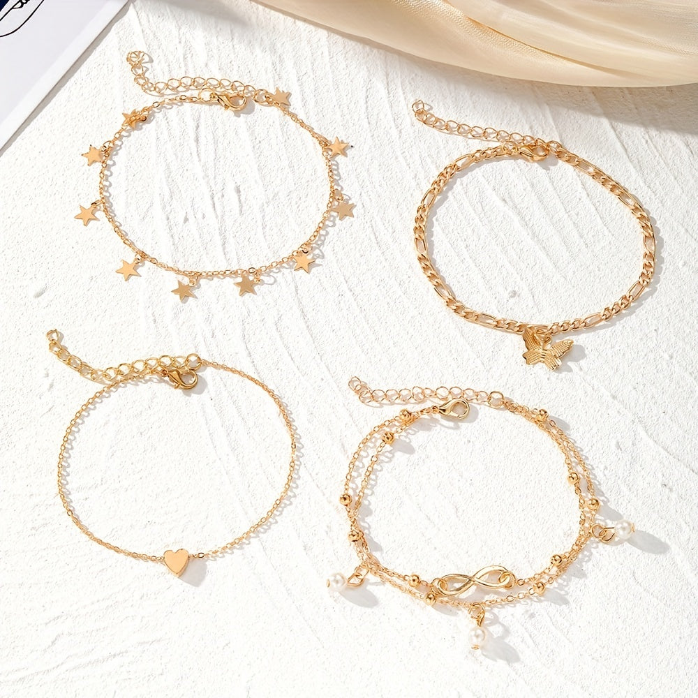 Butterfly Pearl Five-pointed Star Infinity Symbol Love Foot Chain 4pcs Set