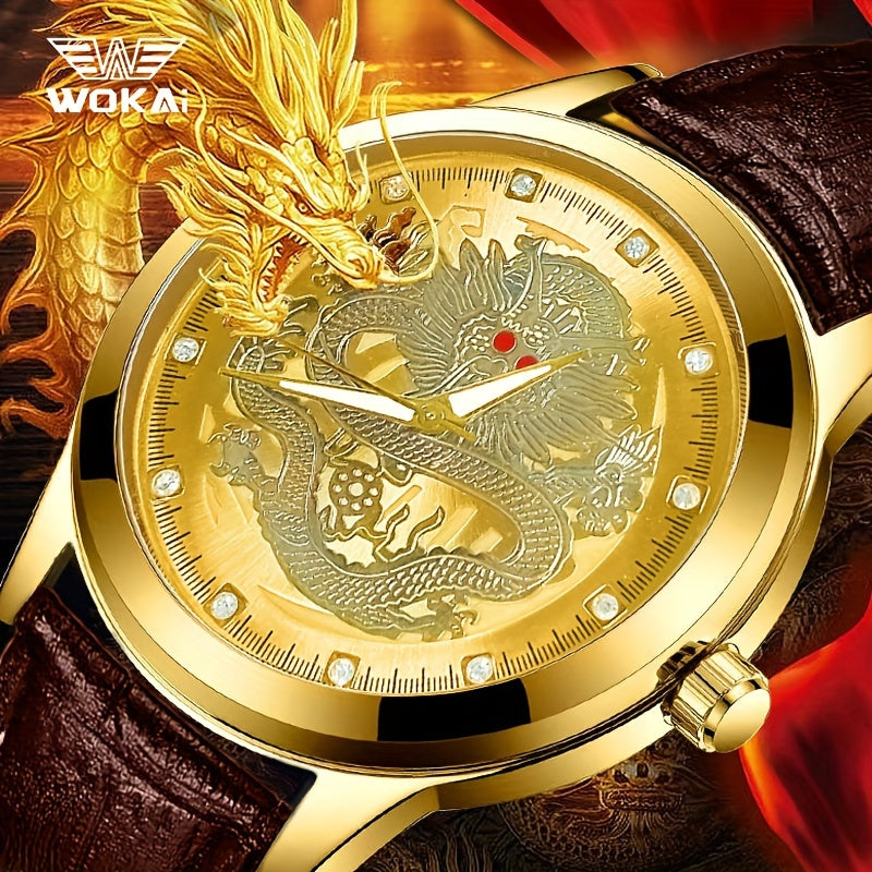 WOKAI Men's Luxury Dragon Quartz Watch - Golden-Tone Zinc Alloy Case, Brown Faux Leather Strap, Black Dial with Dragon Motif, Gemstone Accents, 1181.1inch Water Resistant, Battery Operated