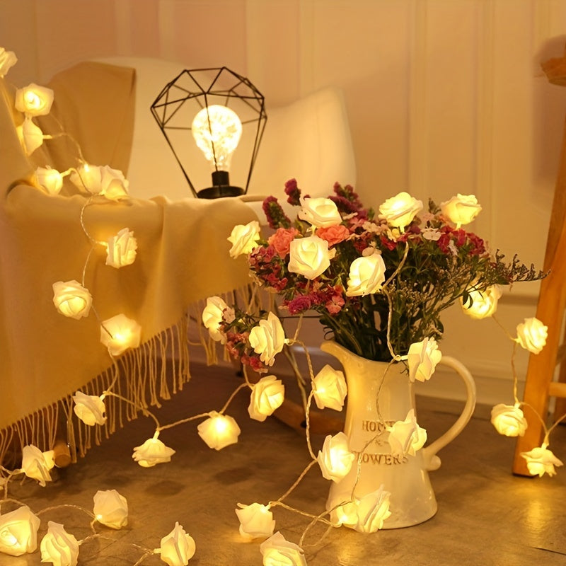 10 LED Rose Flower String Lights - Delicate Fairy Lights for Indoor Outdoor Decorations - DIY Wedding Garden Party Decor, Battery Operated with Compact Battery Box (Battery Not Included)