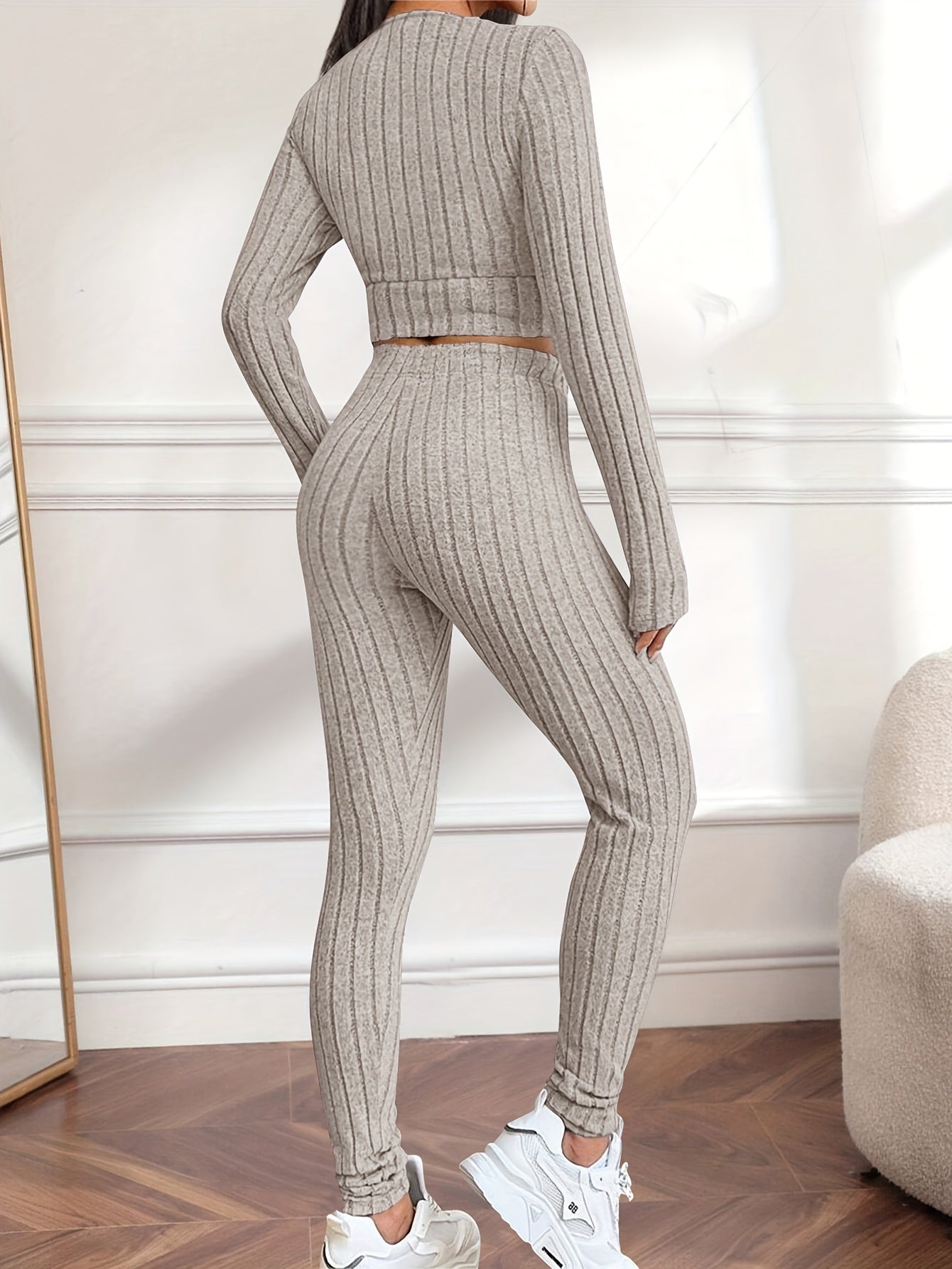 Flattering Ribbed Two-piece Outfit Set - V-Neck Long Sleeve Crop Top & Pants - Casual Chic Style for Women