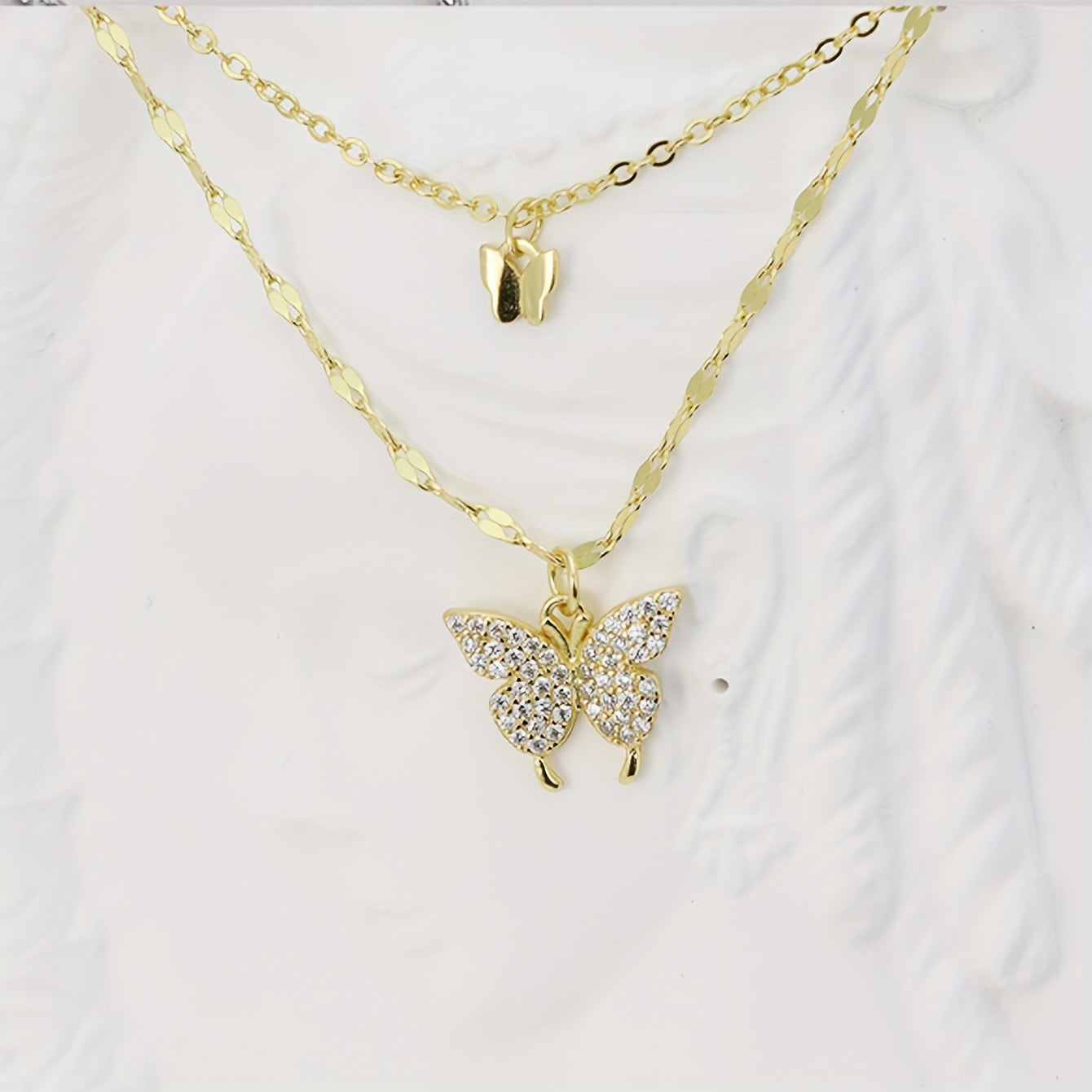 Y2K Rhinestone Butterfly Double Layers Necklace Shiny Silvery Party Dating Gift Daily Jewelry Accessories
