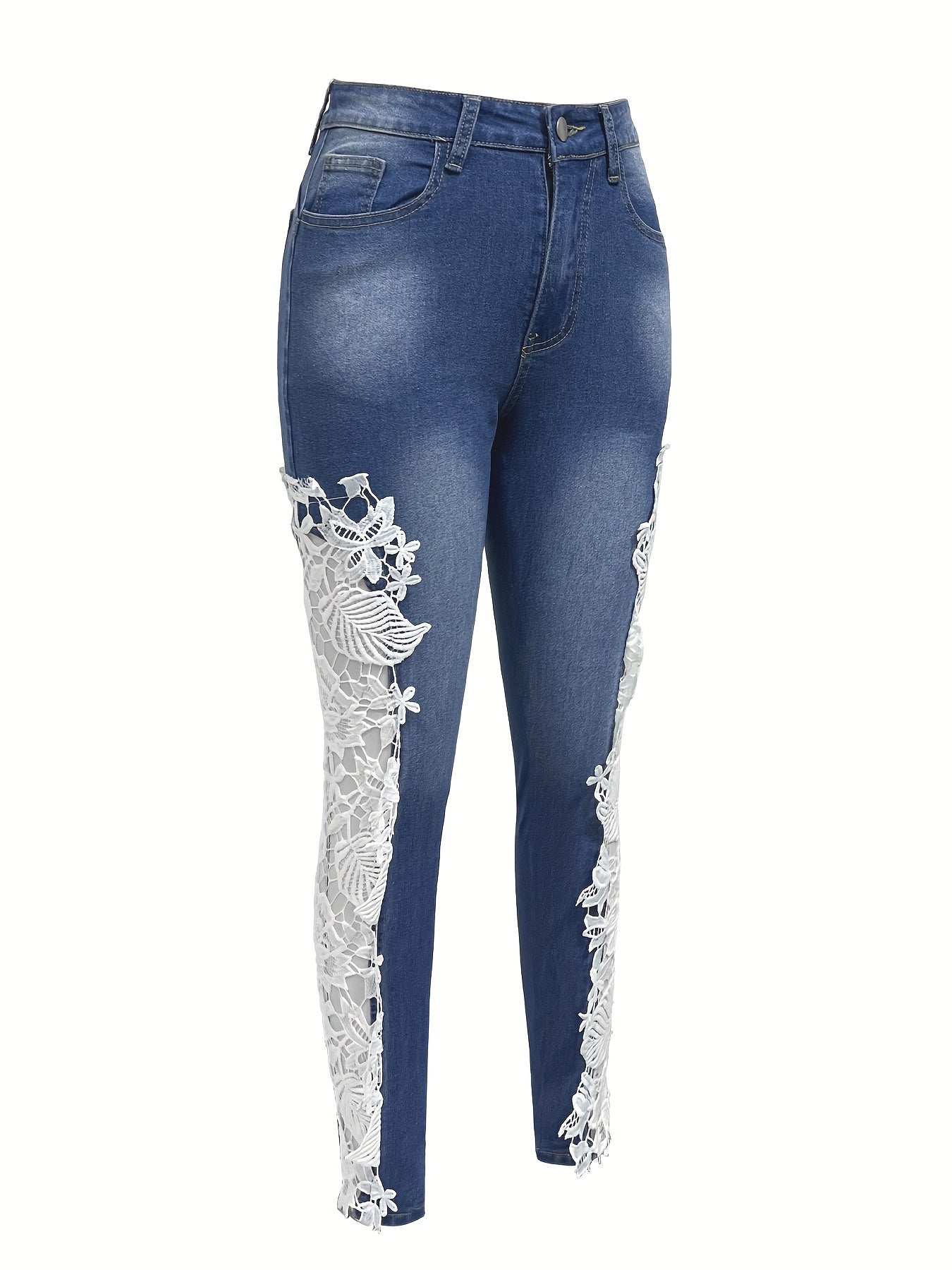 Vibrant Hollow Out Lace Contrast Jeans - Elegant, Skinny Fit, Stretchy Denim Pants with Fairy Core Design - Women's Fashionable Denim Clothing for Chic Style