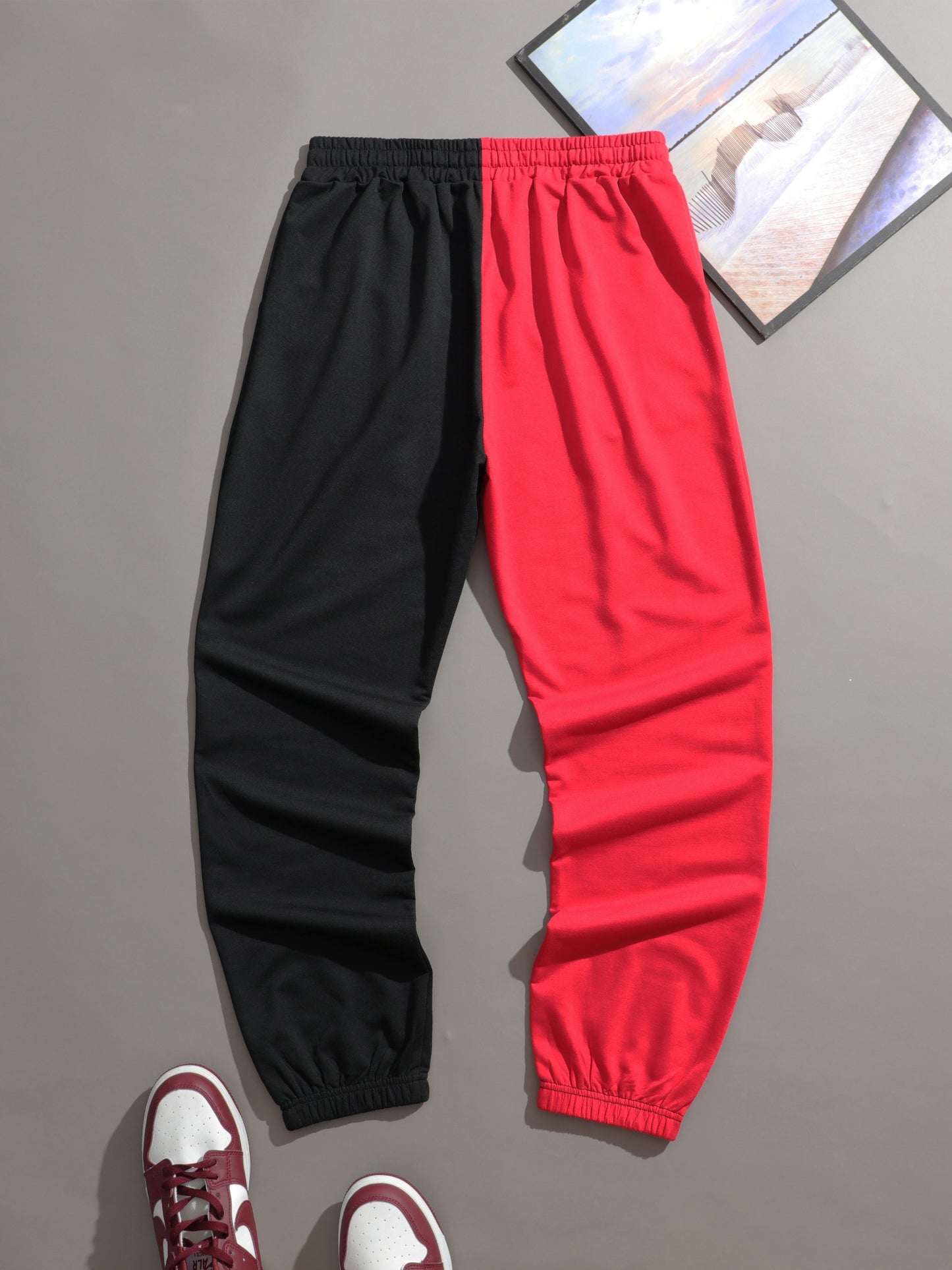 Two Color Splicing, Men's Drawstring Sweatpants, Dragons Print Pocket Breathable Casual Jogger Pants, Mens Clothing
