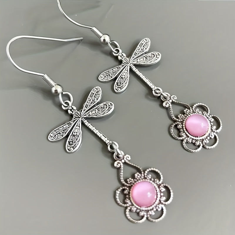 Boho Silvery Dragonfly Filigree Earrings with Pink Moonstone Drop Dangle Earrings Jewelry Gift for Women