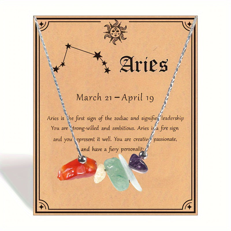 1pc Zodiac Gemstone Necklace with Astrological Card - Perfect Holiday Gift for Gemini, Aries, Leo - Star Sign Stones Pendant with Personality Traits Overview