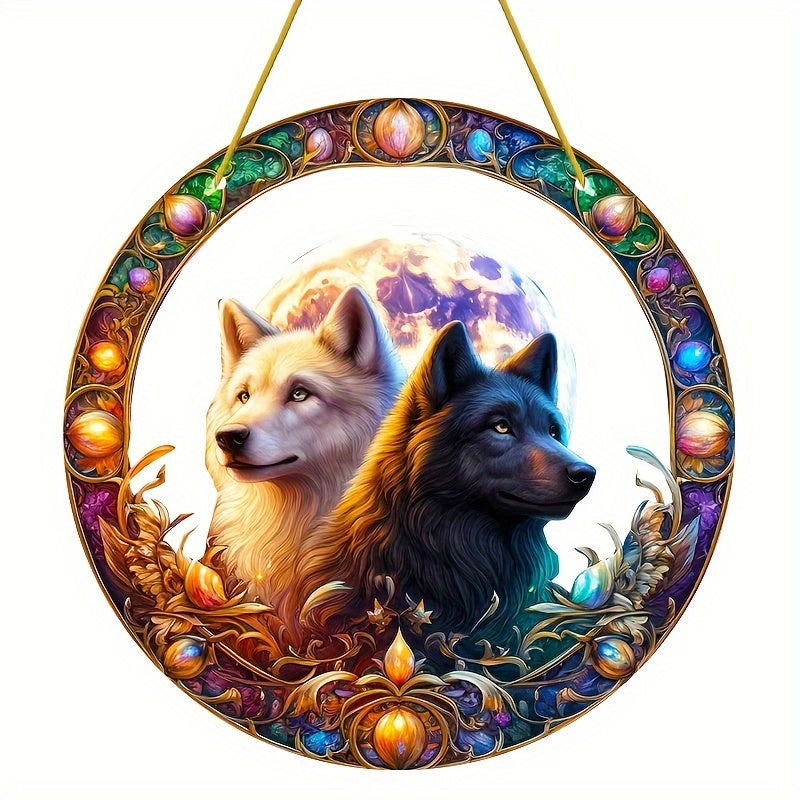 Mystic Wolf Suncatcher with Yin Yang Design, Acrylic Sun Catcher, Birthday Gift for Dad, Home, Lover & Friends, Wolf Themed Moon Decor, Perfect for Room, Bedroom, Living Room, Outdoor Garden - 8 Inches