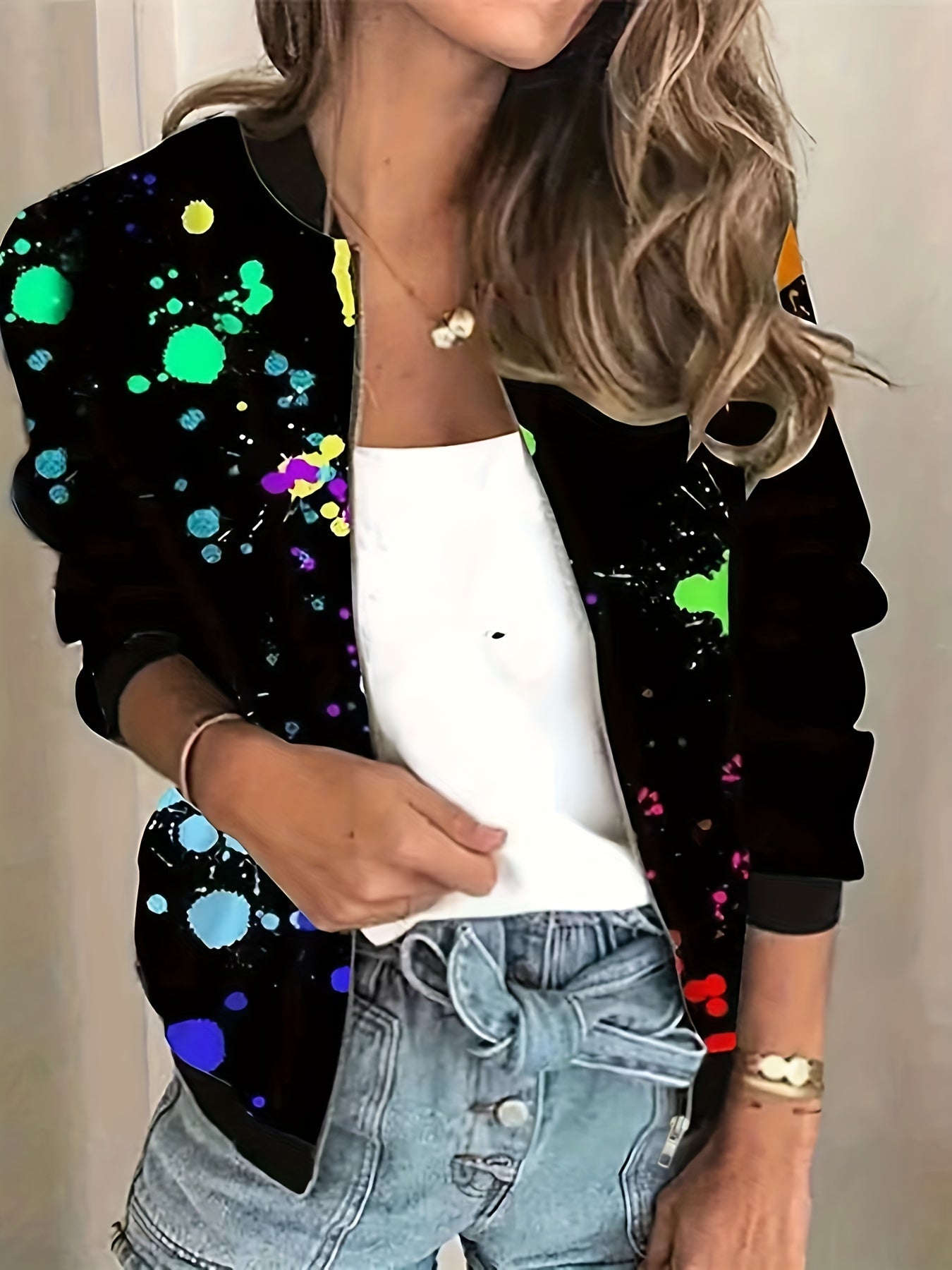 Graphic Print Zipper Jacket, Casual Baseball Neck Long Sleeve Outerwear, Women's Clothing