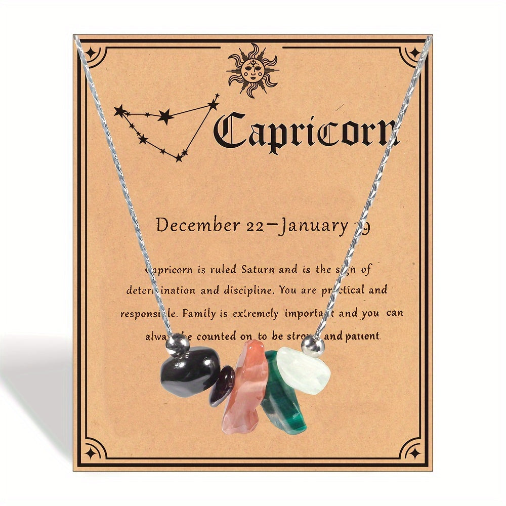 1pc Zodiac Gemstone Necklace with Astrological Card - Perfect Holiday Gift for Gemini, Aries, Leo - Star Sign Stones Pendant with Personality Traits Overview
