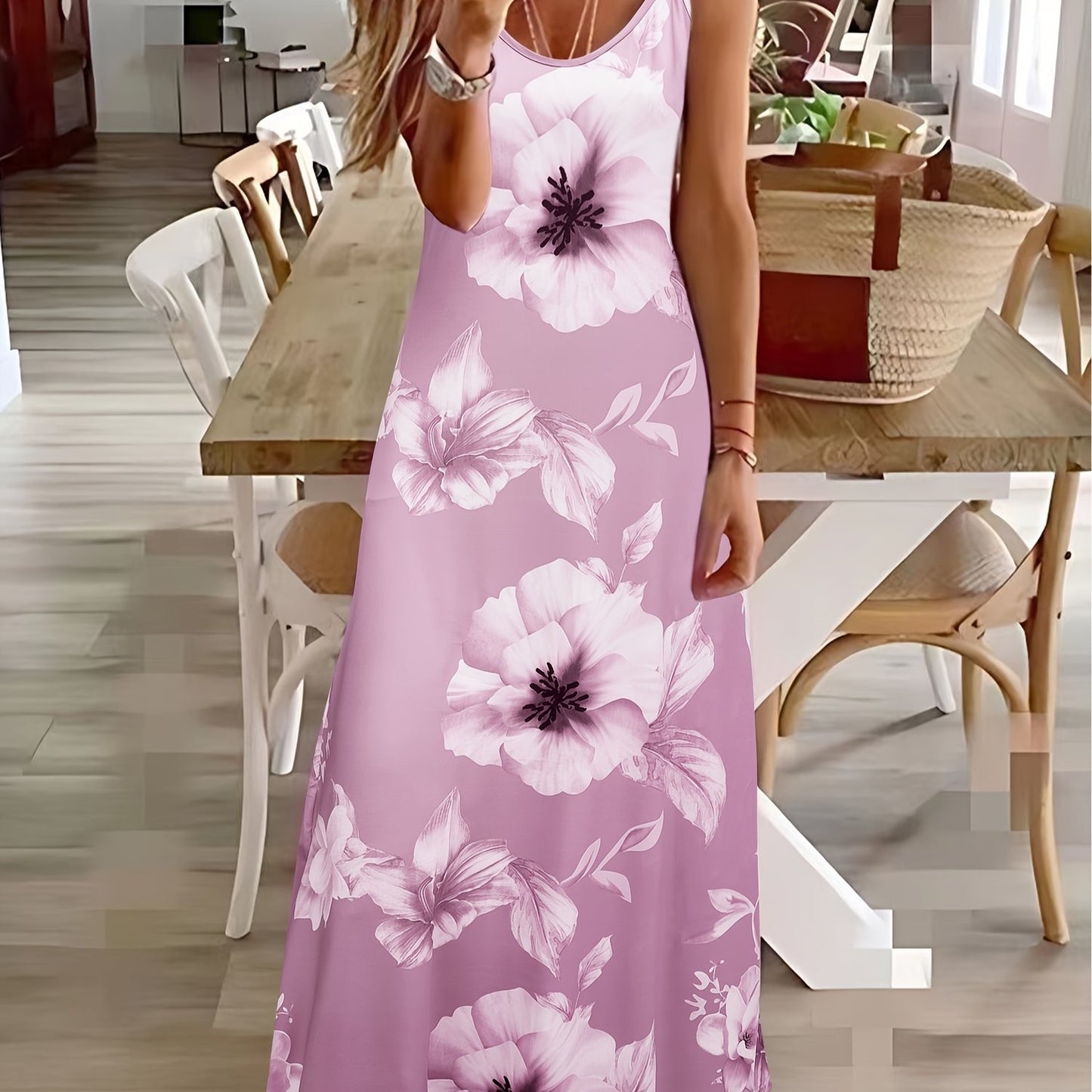 Long Sleeveless Spaghetti Strap Floral Print Slingback Dress - Sexy Beach Style, Regular Fit, Micro Elasticity, Machine Washable, Polyester Fabric - Perfect for Adult Women
