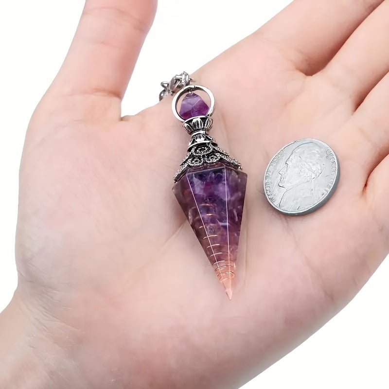 1pc Natural Crystal, Amethyst Dowsing Pendulum, 6 Faceted Hexagonal Pointed Cone Resin Pendant For Divination