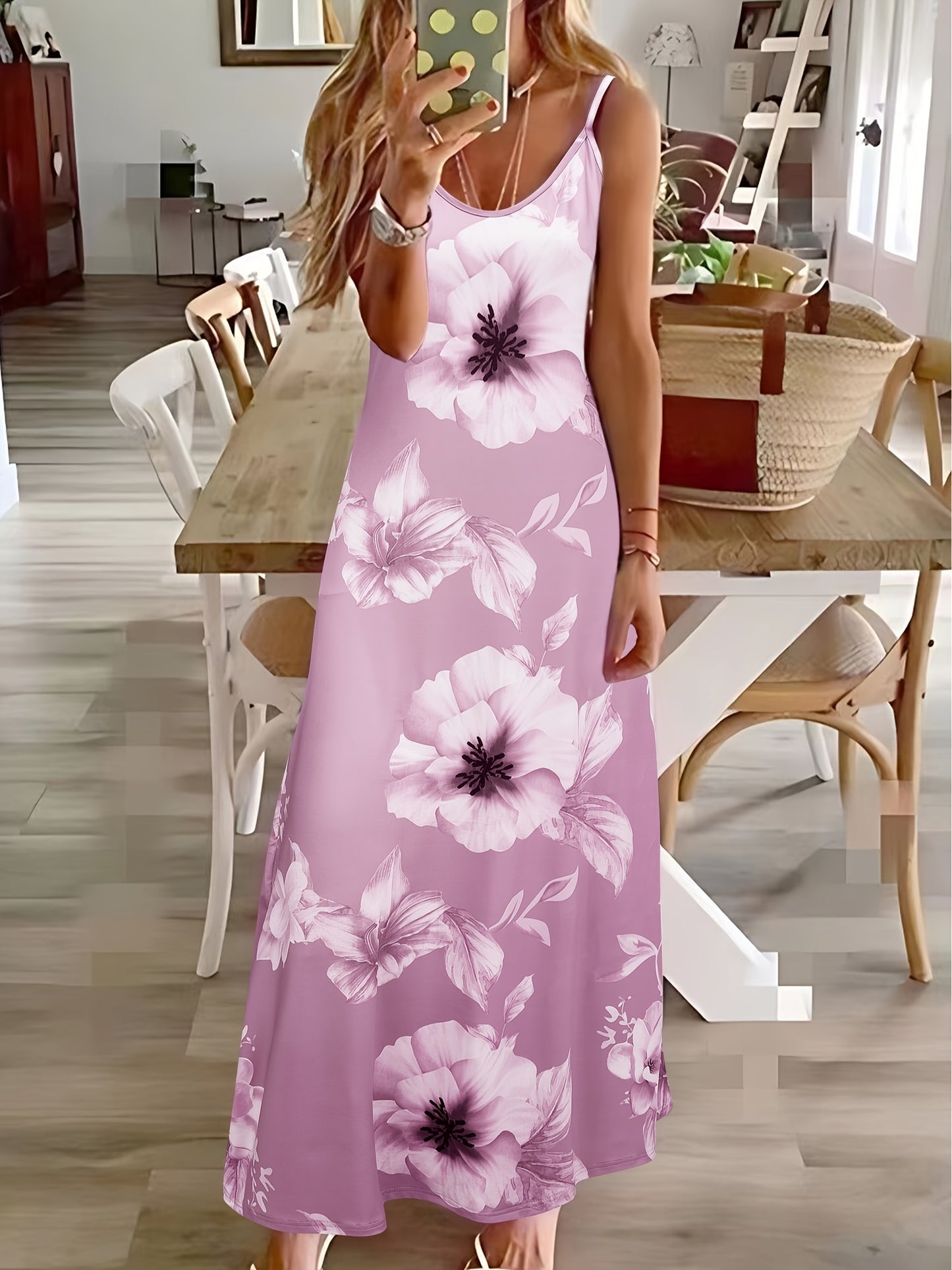 Long Sleeveless Spaghetti Strap Floral Print Slingback Dress - Sexy Beach Style, Regular Fit, Micro Elasticity, Machine Washable, Polyester Fabric - Perfect for Adult Women