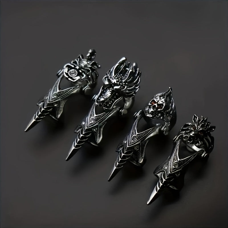 4PCS Vintage Gothic Dragon Claw Rings Set, Unisex Punk Joint Knuckle Full Finger Rings, No Plating Copper Alloy, Fashion Street Nightclub Accessories for Adults