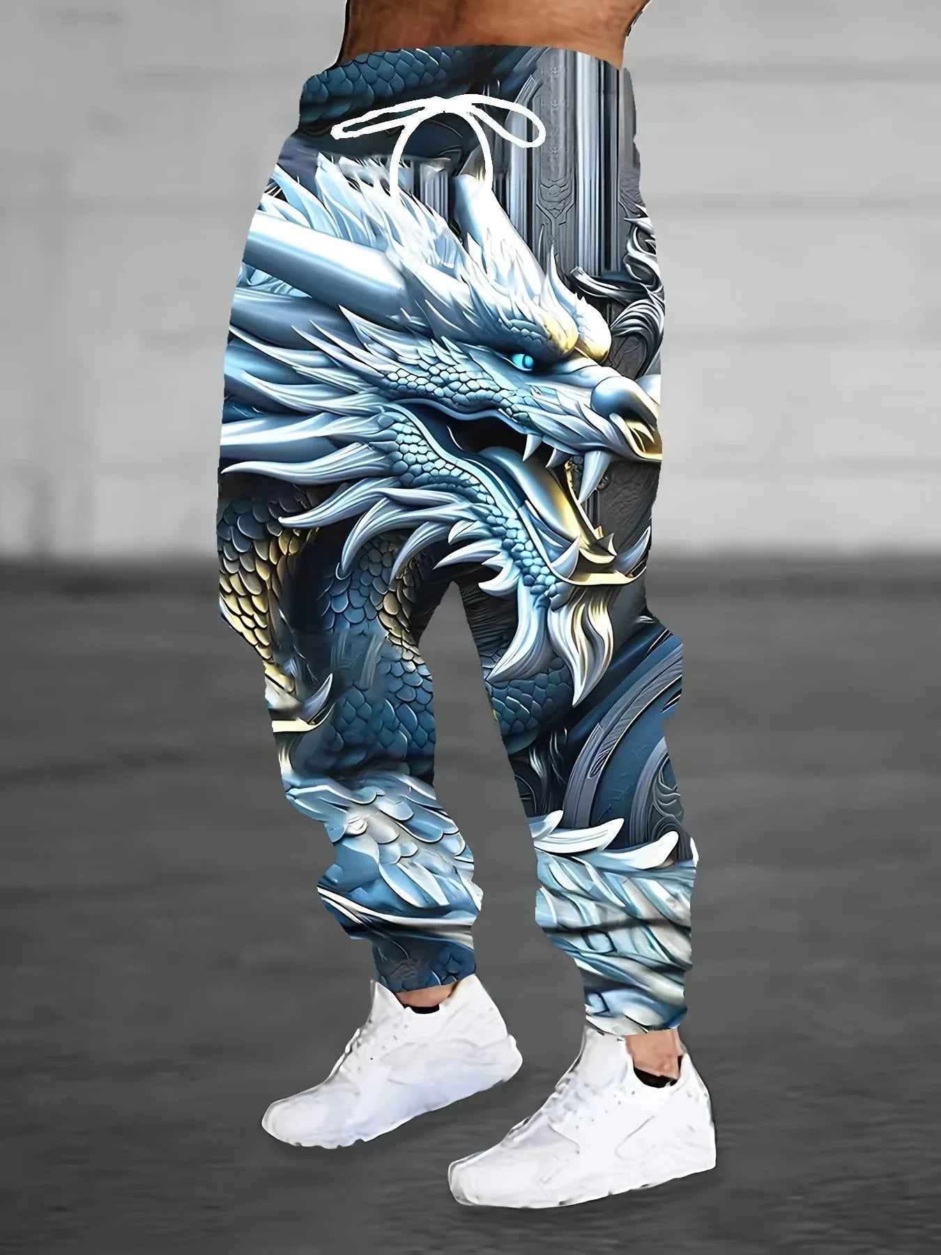 Men's Vibrant 3D Dragon Print Drawstring Footed Sweatpants - Soft, Stretchy, and Breathable for Running, Jogging, Gym Fitness, and Casual Wear - Perfect for Spring and Autumn Seasons - Pedlar's Attic