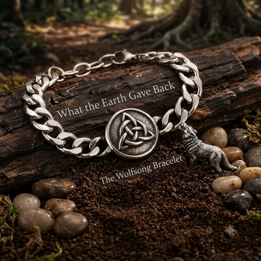 What the Earth Gave Back — The Wolfsong Bracelet, stainless steel Norse Viking rune wolf Valknut bracelet | Fenrisheim Artifacts | Pedlar's Attic