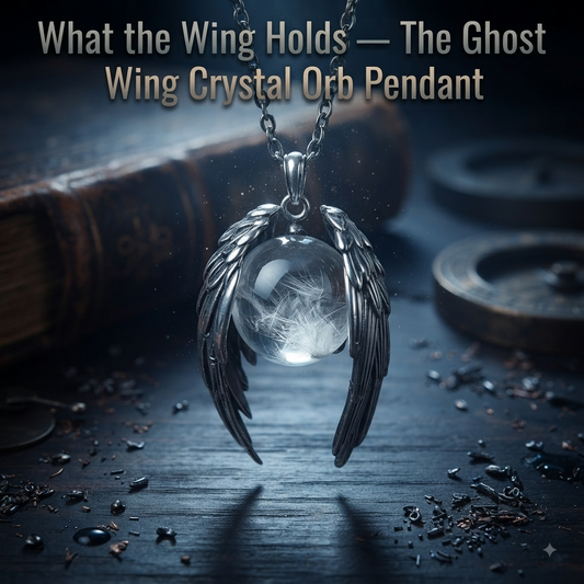 Ghost Wing — crystal orb wing pendant necklace in silvery, red, and pink — Pedlar's Attic