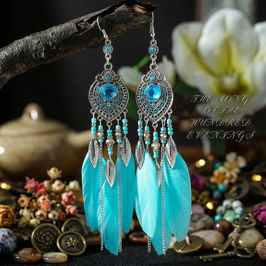 The Song of the Hundred Evenings — boho water drop and feather earrings from the Sunrise Steppes mesa, the man on the west rim | Pedlar's Attic