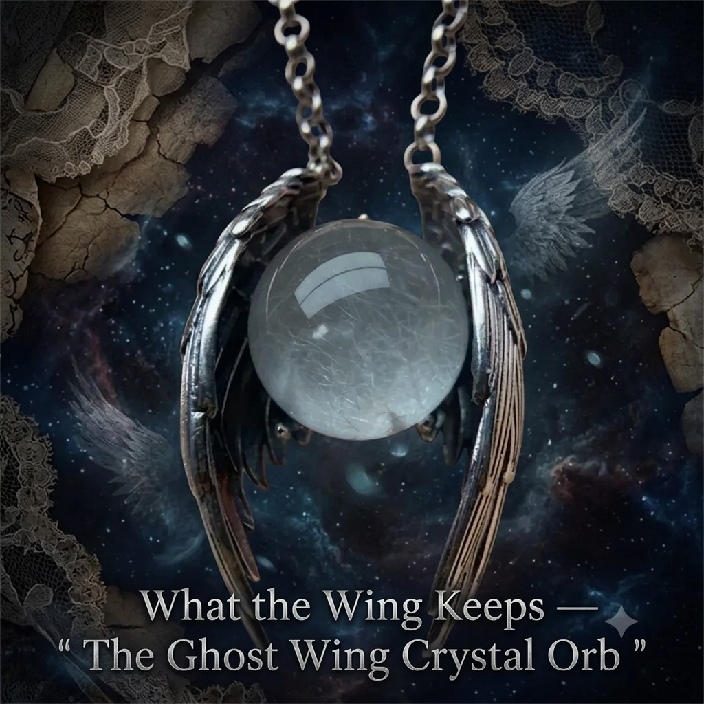 What the Wing Keeps — Ghost Wing Crystal Orb Wing Pendant Necklace | Ashen Plains | Pedlar's Attic
