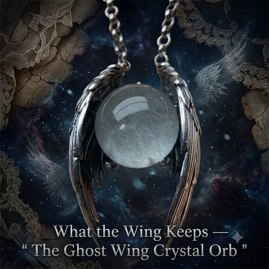 What the Wing Keeps — Ghost Wing Crystal Orb Wing Pendant Necklace | Ashen Plains | Pedlar's Attic
