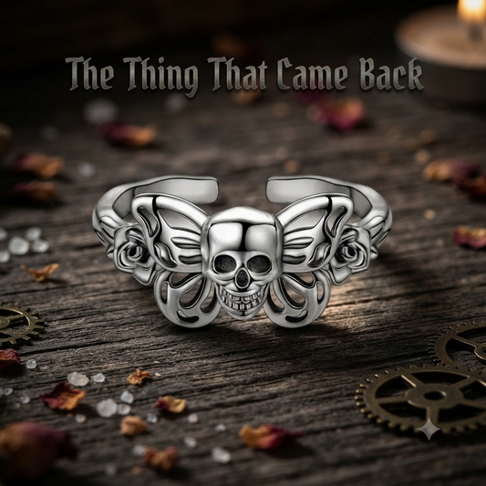 The Thing That Came Back — Death Moth 925 Sterling Silver Skull & Rose Open Ring | Pedlar's Attic