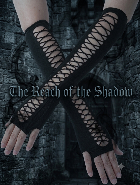The Reach of the Shadow — black fingerless lace-up elbow gloves from Ironspire | Luna | Pedlar's Attic