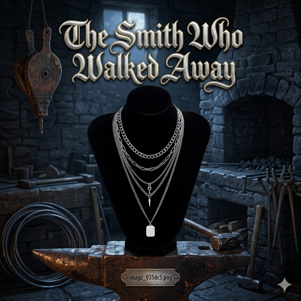 The Weight of It — Punk Multilayer Chain Necklace Set displayed on a black bust atop an anvil, forged in Ironspire