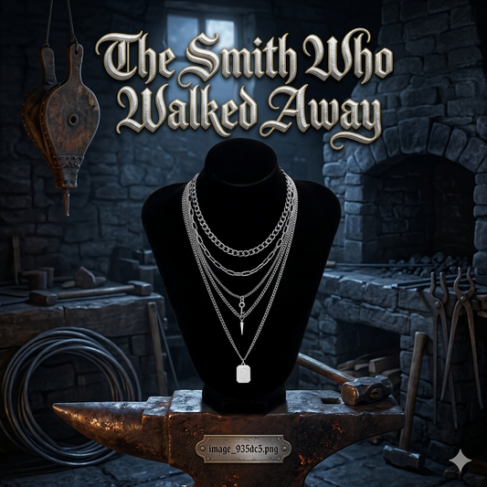 The Weight of It — Punk Multilayer Chain Necklace Set displayed on a black bust atop an anvil, forged in Ironspire