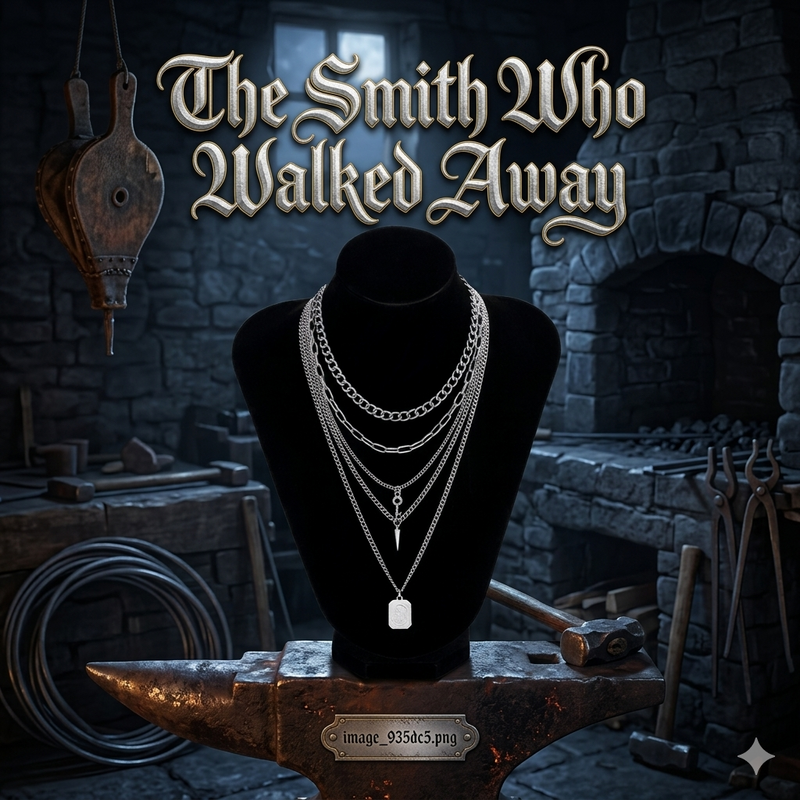 The Weight of It — Punk Multilayer Chain Necklace Set displayed on a black bust atop an anvil, forged in Ironspire