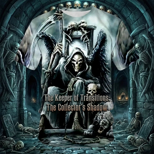 The Keeper of Transitions — winged grim reaper on bone throne with hourglass, surrounded by skeletons | Ashen Plains | Pedlar's Attic