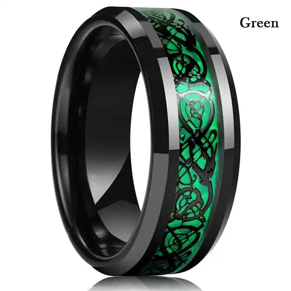 Celtic dragon men's stainless steel ring with carbon fiber inlay — Dragonforged collection at Pedlar's Attic