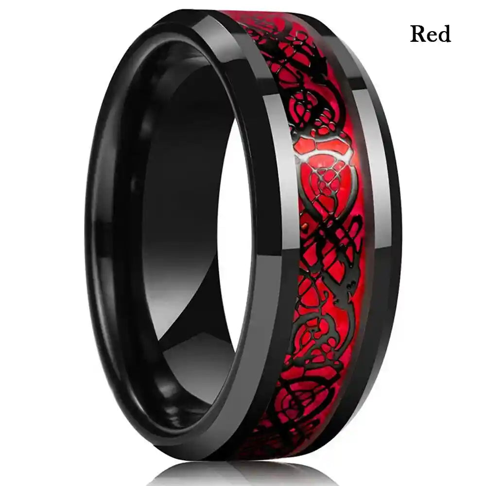 Celtic dragon men's stainless steel ring with carbon fiber inlay — Dragonforged collection at Pedlar's Attic