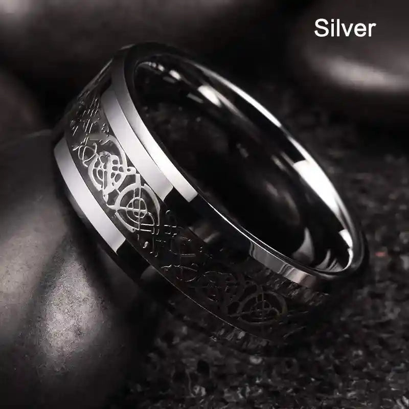 Celtic dragon men's stainless steel ring with carbon fiber inlay — Dragonforged collection at Pedlar's Attic