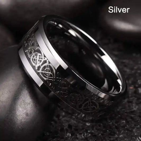 Celtic dragon men's stainless steel ring with carbon fiber inlay — Dragonforged collection at Pedlar's Attic