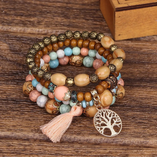 Boho Tree of Life wooden beaded bracelet set with lotus and Om charms — 4 piece at Pedlar's Attic
