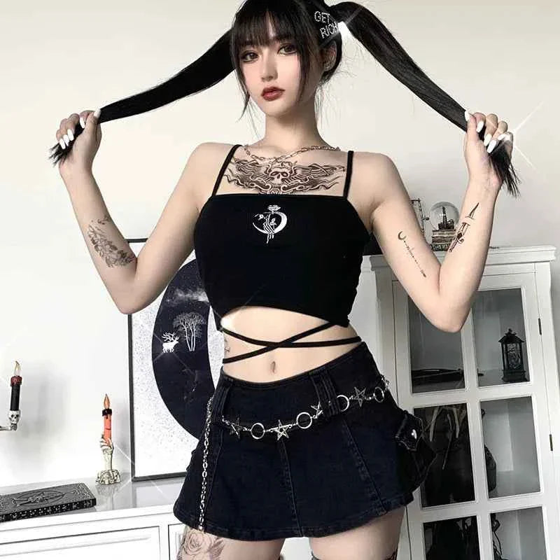 Gothic women's print suspender sleeveless square neck slim crop top — nocturnal gala style at Pedlar's Attic