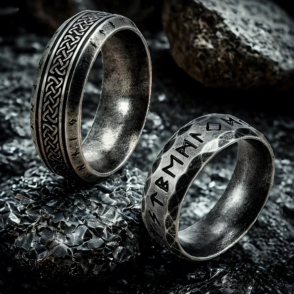 Viking rune ring — stainless steel Elder Futhark Norse amulet band at Pedlar's Attic