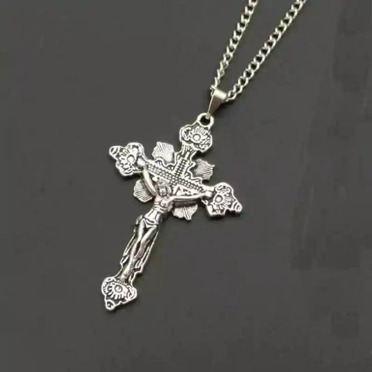 Elaborate crucifix necklace with Jesus pendant — ornate sacred cross jewelry at Pedlar's Attic